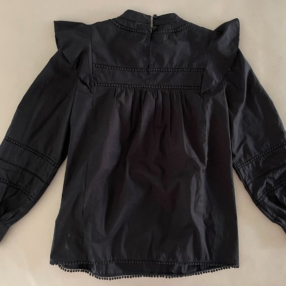 ❤️ J. CREW BLACK PEASANT BLOUSE TOP HIGH NECK CROCHET BALLOON SLEEVES BOHO SHIRT - Picture 6 of 12